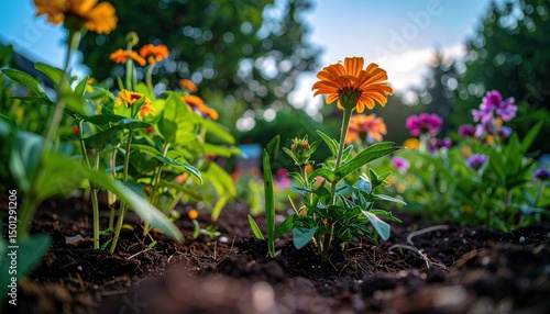 Colorful Zinnia flowers bloom in rich soil, with vibrant greens and a soft, blurred background