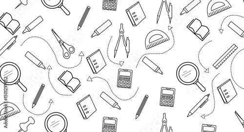 hand drawn stationery design for back to school concept on seamless pattern banner background.hand drawn School Supplies element set
