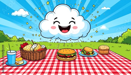 Animated picnic with a happy cloud under blue striped sky