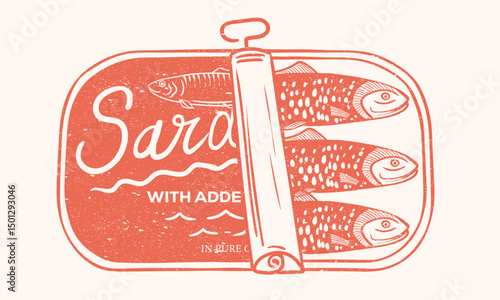 Canned fish artwork. Fish vintage artwork. Sardines fish artwork for t shirt print, poster, sticker and other uses. Dinner party. Seafood t shirt design. Sardines love club.