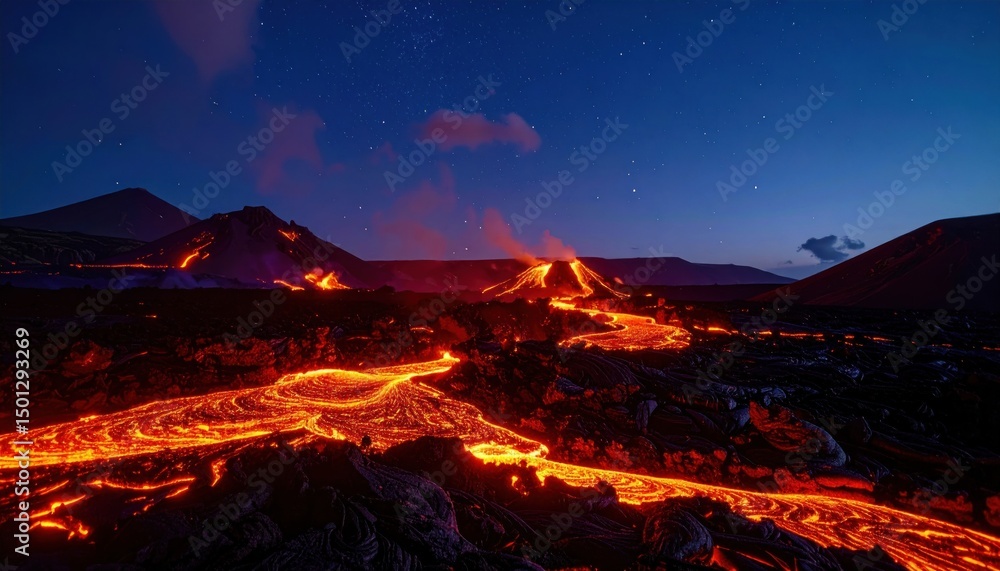 Fototapeta premium Erupting volcano spewing lava at night, with mountains in background