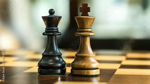 Two chess pieces, a black king and a wooden queen, poised on a checkered board in a serene setting