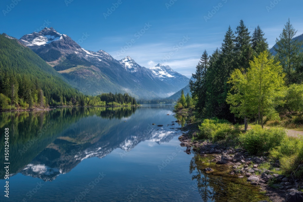 Obraz premium Mountain lake reflection scenic view on white background on transparent background