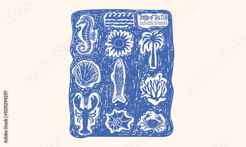 Crab and lobster design. Sound of the sea. Seashell vintage artwork. Summer vibes artwork. Seashell line drawing.	