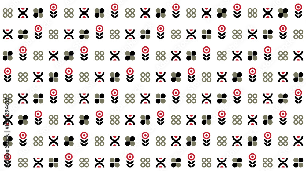 Naklejka premium Seamless abstract pattern with round flower and geometric element in black gray and orange on white background. Vector illustration, for shirt dress cloth textile table cover wallpaper decoration all 