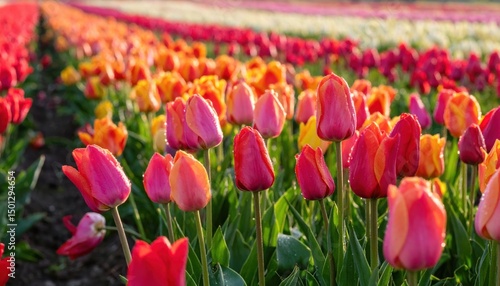 Fields of vibrant tulips in neat rows, colors of red, pink, yellow and orange