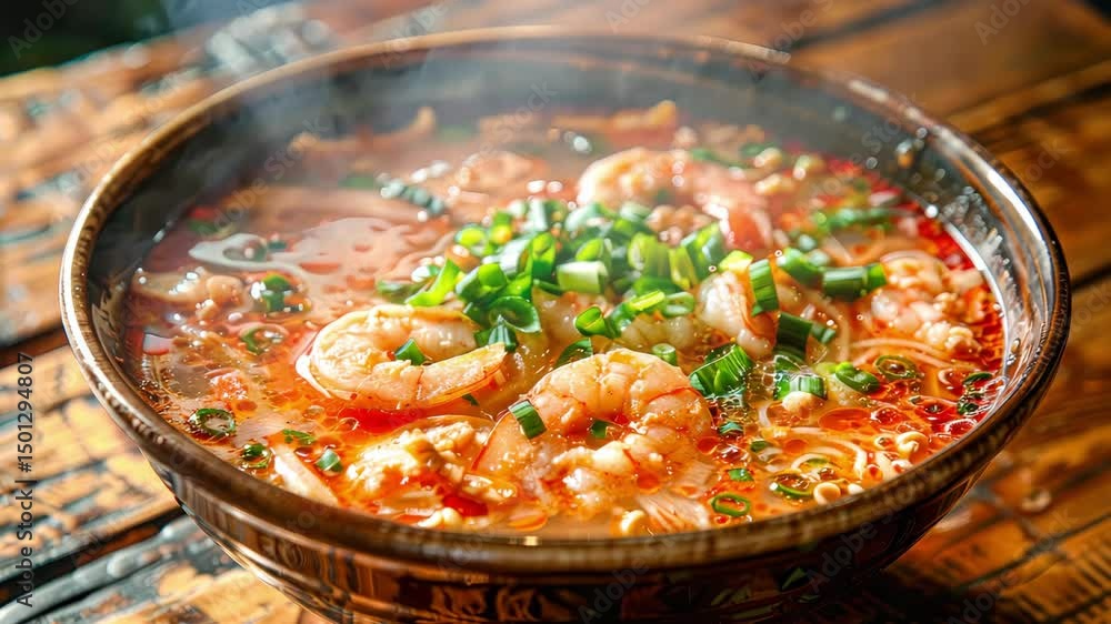 Tom Yam kung Spicy Thai soup with shrimps, seafood, coconut milk and chili pepper in a bowl on wooden rustic background. Close up, side view. Restaurant menu, recipe Tom Yam kung Spicy Thai soup with shrimps, seafood, coconut milk and chili pepper in a bowl on wooden rustic background. Close up, side view. Restaurant menu, recipe