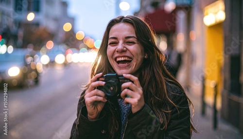 Laughing woman with camera on city street, bokeh lights in background, wearing dark jacket