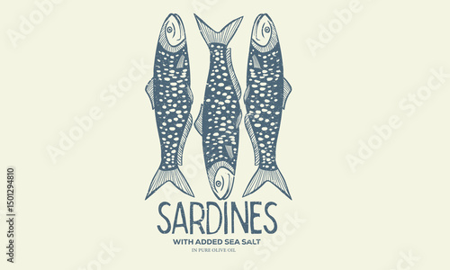 Dinner party. Seafood t shirt design. Sardines love club. Fish vintage artwork. Sardines fish artwork for t shirt print, poster, sticker and other uses.