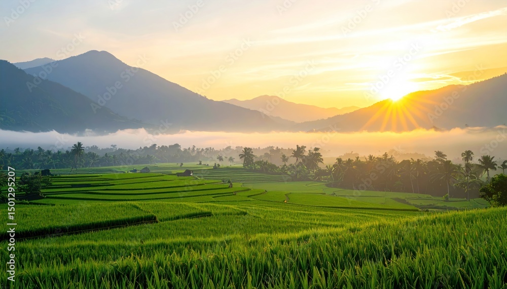 Fototapeta premium Sunrise over lush green rice terraces with mist below mountains; golden light
