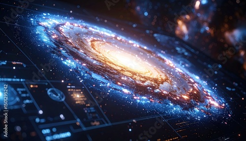Stunning spiral galaxy illustration with glowing blue arms and interface overlay