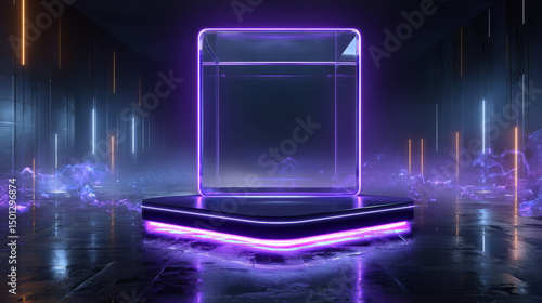 3d purple square neon light podium glow for game. Led effect hologram and product display platform in dark scene. Cyber laser room and pedestal for casino winner presentation. Realistic shine arena