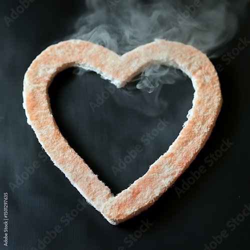 A heart shaped object emitting wispy vapor on a dark surface