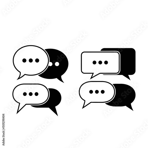 Illustration of four pairs of speech bubbles in black and white on a white background design element
