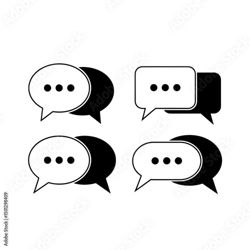 Illustration of four speech bubbles with three dots each in black and white on a white background