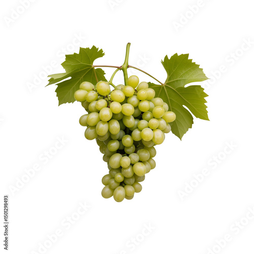  Green Grapes on the Vine with Leaves on white Background