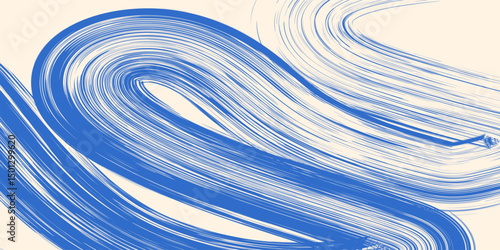 Grainy blue spiral brush stroke with spray texture. Hand drawn distress damaged edge vintage banner with spiral bold line. Grainy bold brush strokes texture with scattered tiny dots. Retro background.
