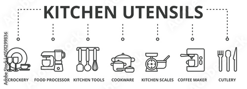 Kitchen utensils banner vector illustration concept with icon of crockery, food processor, kitchen tools, cookware, kitchen scales, coffee maker and cutlery