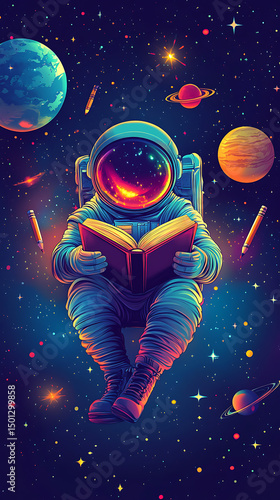 Wallpaper Mural Astronaut reading a book in outer space surrounded by planets, stars, and cosmic elements Torontodigital.ca