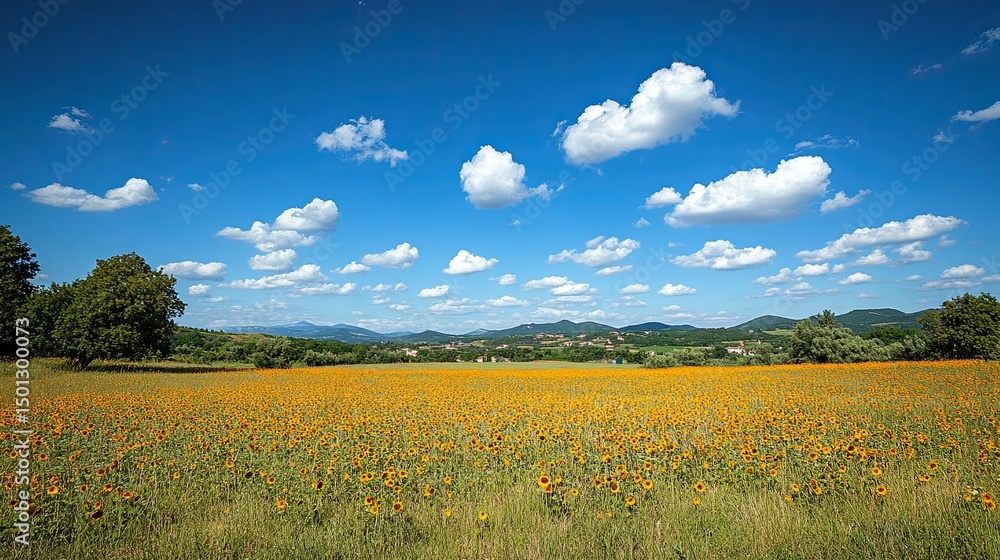 Obraz premium A vibrant field of sunflowers under a bright blue sky with fluffy white clouds on a sunny summer day
