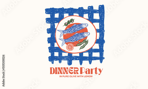 Fish vintage artwork. Sardines love club. In pure olive and lemon. Dinner party. Sardines fish artwork for t shirt print, poster, sticker and other uses.