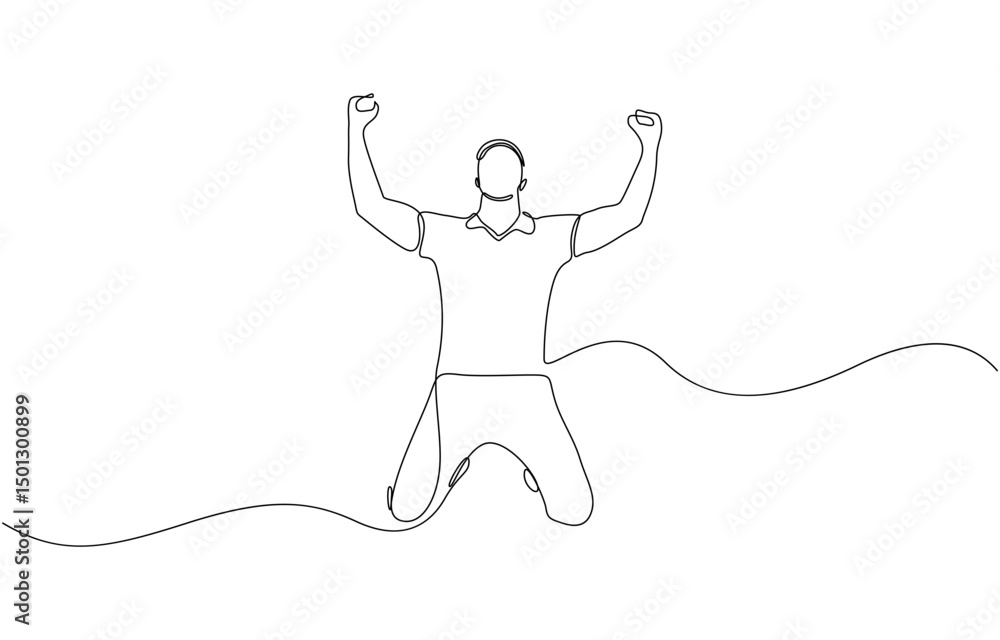 Fototapeta premium Continuous line drawing of cheering man holding fists, One line drawing of cheering businessman holding fists. One line art concept of business success. Vector illustration.