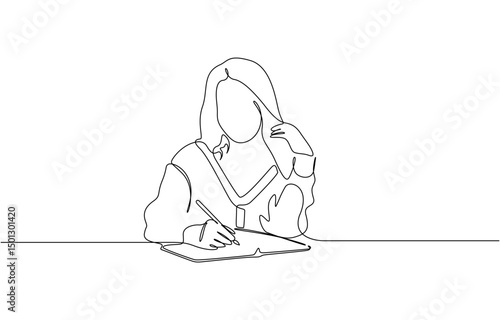 Continuous single line drawing of man and woman taking notes in journal or diary, Single line illustration of woman writing in book. International literacy day concept. Editable outline.