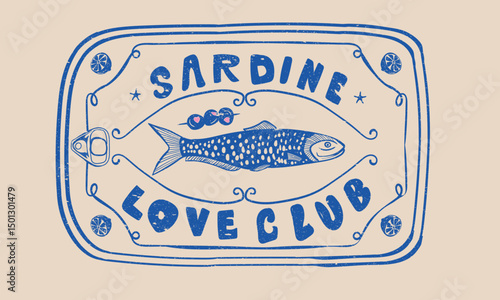 Sardines love club. In pure olive and lemon. Canned fish artwork. Sardines fish artwork for t shirt print, poster, sticker and other uses. Seafood t shirt design. 