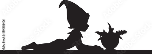 Silhouette of a Curious Elf Child with a Plant