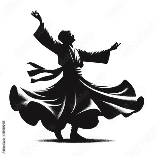 Authentic Turkish dervish dance, Egyptian dance of spinning men in skirts on a white isolated background. Vector graphics. EPS.