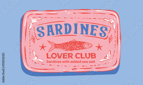 Canned fish artwork. Sardines fish artwork for t shirt print, poster, sticker and other uses. Seafood t shirt design. Sardines love club.