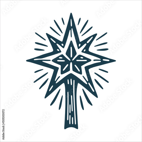 Stylized Eight-Pointed Star Icon classic Festa de Nossa Senhora da Conceicao Eight pointed silver star glowing with subtle rays