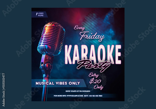 Karaoke Party Social Media Post with Vintage Microphone and Neon Night Vibes for Event Promotion, Editable Design.