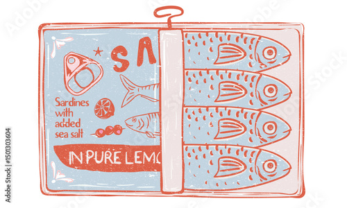 Seafood artwork. Sardines love club. Sardines fish artwork for t shirt print, poster, sticker and other uses. Canned fish artwork.