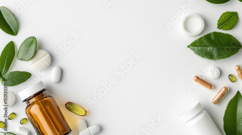Clean and minimalistic layout featuring various supplements, capsules, and leaves, creating fresh and natural vibe