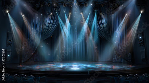 Theater concert stage with curtain cartoon scene background. Opera show spotlight in empty school hall for comedy performance. Open platform for opera play with magic bokeh sparkles light in center