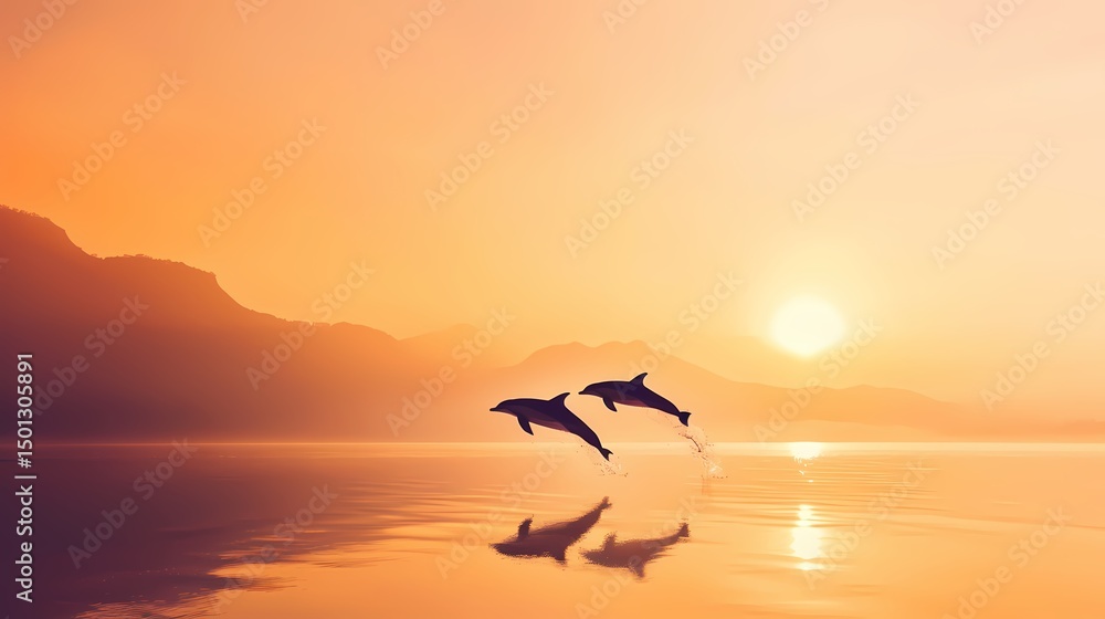 Obraz premium Silhouette of two dolphins leaping from the ocean at sunset, with mountains in the background. Peaceful, serene, wildlife, nature scene.