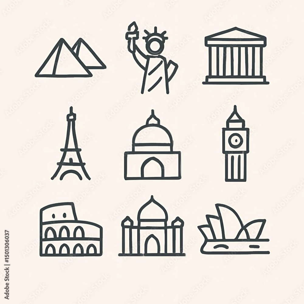 set of icons world sightseeing set of icons world sightseeing