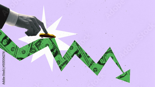 Bild auf Leinwand Finger pushes toy car along unstable green dollar arrow