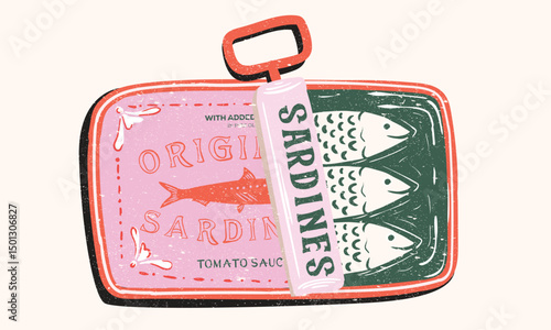 Fish in canned. Sardines fish artwork for t shirt print, poster, sticker and other uses.  Seafood t shirt design. Sardines love club. 