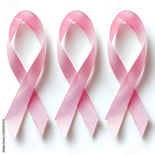 Three pink ribbons arranged in a row on a white background