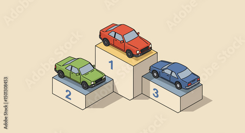 Isometric illustration of red green and blue cars on a winners podium