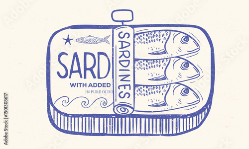 Seafood t shirt design.  Fish in canned. Sardines fish artwork for t shirt print, poster, sticker and other uses. 