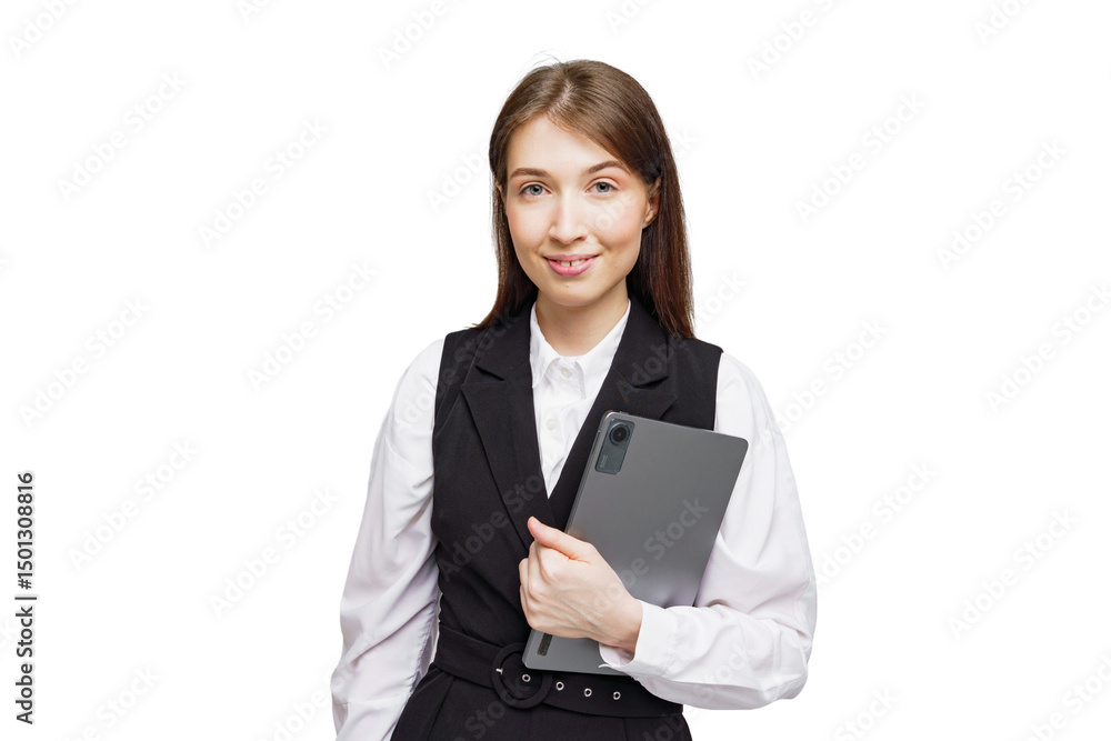 Confident woman in professional attire holds tablet while smiling in a bright and modern setting Confident woman in professional attire holds tablet while smiling in a bright and modern setting