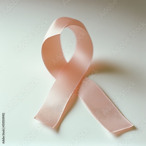 A close up photo of a pink ribbon on white background