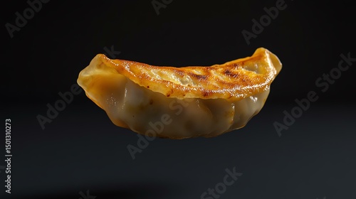 A perfectly cooked dumpling gracefully floats against a dark background