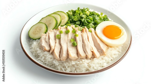 A vibrant dish featuring tender sliced chicken served over fluffy rice, garnished with fresh herbs, crisp cucumber slices, and a halved soft-boiled egg, perfect for a wholesome mea