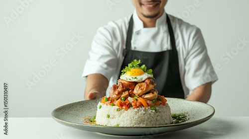A talented chef proudly presents a beautifully arranged plate of rice topped with vibrant vegetables and a fried egg, showcasing the art of culinary presentation and vibrant flavor