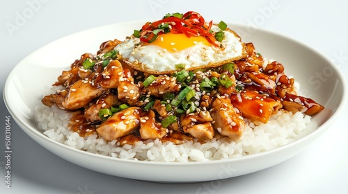 Delicious chicken stir-fry served over fluffy rice, topped with a fried egg and garnished with fresh herbs and spicy chili. A perfect fusion of flavors for every palate.