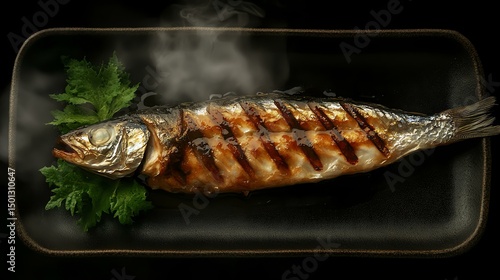 A beautifully grilled fish served on a black plate with fresh herbs, showcasing a mouthwatering presentation. Perfect for culinary enthusiasts and gourmet food lovers.